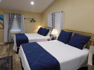 RockdaleRainbow Courts的两张位于酒店客房的床,配有蓝色枕头