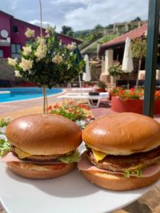 Sidhirokhórion罗家斯酒店的两个汉堡包放在泳池旁的盘子上