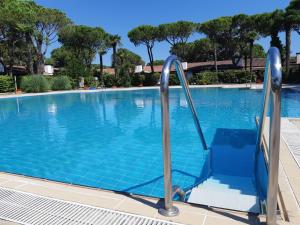 阿普里利亚马利蒂马Villetta Corte Grande的蓝色游泳池旁设有椅子