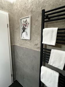 洛斯海姆洛舍姆美景酒店的浴室内毛巾架,墙上挂着照片
