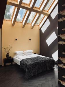 萨希诺希索伊扎卡特度假屋的一间带一张床铺的卧室,位于带天窗的房间