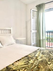 阿兰赫El Balcón de Alange的一间卧室设有一张床和一个大窗户