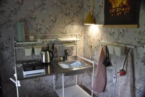 Bieber`s Gästezimmer的带水槽的厨房,位于壁纸房间内