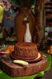 伊列乌斯Indaiá Eco Village的木切板上的巧克力蛋糕,带刀