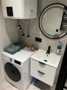 卡托维兹White and Black Apartments的小型浴室设有洗衣机和水槽。