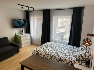 卡托维兹White and Black Apartments的一间卧室配有一张床、一张沙发和两个窗户。