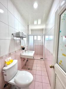 Leye紫龍星空民宿的粉红色的浴室设有卫生间和水槽
