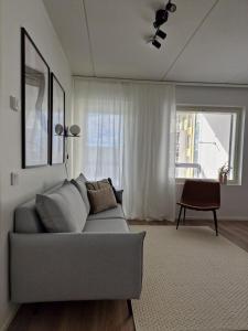 于韦斯屈莱Huhta Sport的客厅设有灰色的沙发和窗户。