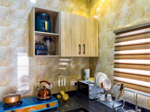 阿布贾Cozy Apartment - Hideaway with 5G WiFi的厨房配有木制橱柜和台面