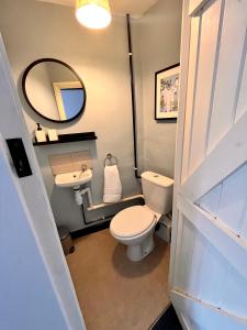 汤顿The Snuggery Cottage的一间带卫生间、水槽和镜子的浴室
