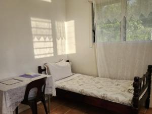 ‘OhonuaEua Accommodation的小房间设有床、桌子和窗户