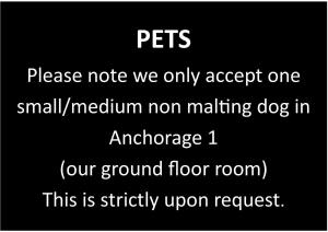 浦耳Anchorage的请注意,酒店仅接受1个中小型非宠物入住,且仅接受1个带宠物字的文字盒。