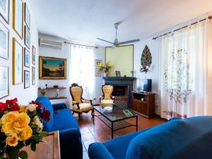 里卡迪Enticing Villa in Ricadi with Shared Swimming Pool的客厅设有蓝色的沙发和壁炉