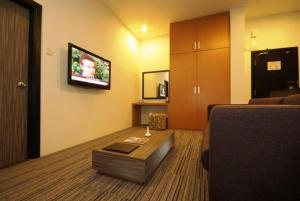 太平弗莱明顿酒店的客厅配有沙发和墙上的电视