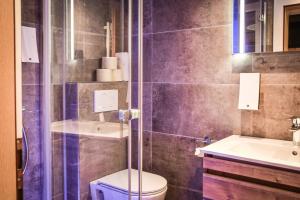 莱尔莫斯格里瑟霍夫酒店的带淋浴、卫生间和盥洗盆的浴室