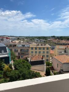 贝济耶Appt t2 proche gare de beziers impasse fay的从建筑屋顶上可欣赏到城市美景