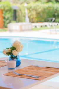 阿普索斯科孚瓦伦蒂诺公寓式酒店的花瓶坐在泳池旁的桌子上