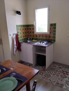 叙兹拉鲁斯Studio calme dans les vignes的一个带水槽和桌子的小厨房