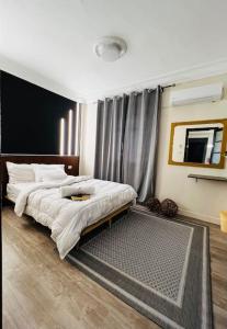 开罗lovely apartment in Zamalek的一间卧室配有一张大床和镜子