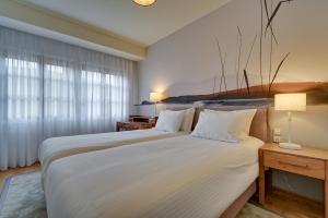 约阿尼纳Harmony villa - Ioannina castle的酒店客房设有两张床和窗户。