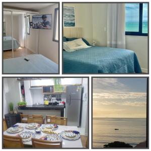 瓜拉派瑞Apartamento Quartos Vista Praia do Morro Casais Melhor Localização, Super Completo 4 TVs Led, Camas-box Novas, 2 Quartos Suíte, Garagem, 2 Ar Condicionados, Wifi 300mb, Varanda Gourmet, Cervejeira, Novo para Famílias的一张床位和一张桌子的房间的照片拼在一起