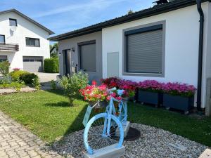 Ferienhaus Mary im Südburgenland的一辆蓝色自行车,在房子前面放着鲜花