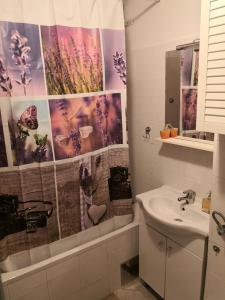 里耶卡Apartment Serpa的浴室配有淋浴帘和盥洗盆。
