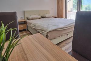 索科矿泉村Apartmani Tvins的一间卧室配有一张床、一张桌子和一张桌子