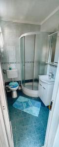 茨雷斯Guesthouse Porto的带淋浴、卫生间和盥洗盆的浴室