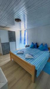 茨雷斯Guesthouse Porto的一张带蓝色枕头的大床