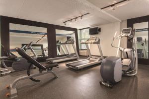 德梅因德梅因机场希尔顿恒庭酒店的健身房设有数台跑步机和镜子
