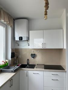 萨比诺瓦Willa Koralowa 16 - BASEN PODGRZEWANY, KLIMATYZACJA的厨房配有白色橱柜和水槽