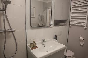 斯诺科Apartament nad Zegrzem 206 Luksus的白色的浴室设有水槽和淋浴。