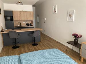 尼特拉Moderný apartmán A408 v centre NR, parkovanie v cene的一间厨房,内设一个柜台和两把椅子