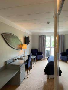 格尔斯维克Hankø Hotell & Spa的配有一张床和一张书桌的酒店客房