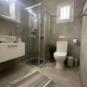 尼科西亚Glamorous, Renovated 3-Bedroom Apt in Nicosia的带淋浴、卫生间和盥洗盆的浴室