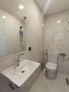 特拉布宗Yamaç Çam Hotel的白色的浴室设有水槽和卫生间。