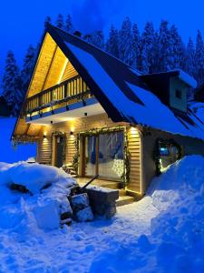 佩奇Hotel Te Liqeni的雪中的一个小木屋