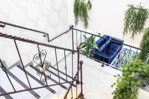 波哥大BLISS BOUTIQUE HOTEL BOGOTA的一套带蓝色椅子和植物的楼梯