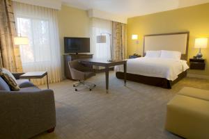 楠帕爱达荷中心南帕套房汉普顿酒店的配有一张床和一张书桌的酒店客房
