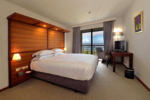 努美阿希尔顿努美阿拉普洛米纳德公寓酒店的酒店客房设有一张大床和一张书桌。