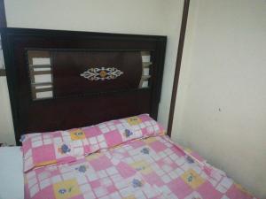 Grand M的一张带粉红色的 ⁇ 子毯子和床头板的床