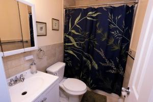 伊丽莎白Family 3-bedroom home (2nd floor near EWR/Outlet)的一间带卫生间和淋浴帘的浴室
