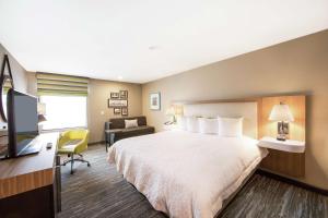 西雅图西雅图市中心汉普顿套房酒店的酒店客房配有一张床、一张书桌和一台电视。