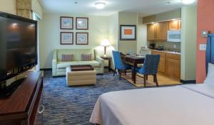 萨拉索塔萨拉索塔希尔顿惠庭套房酒店的酒店客房设有床和客厅。