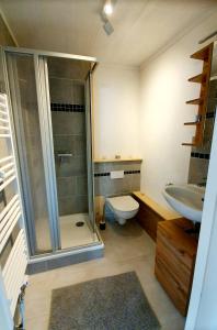 SörsjönStationshuset Dalarna Apartments的带淋浴、卫生间和盥洗盆的浴室