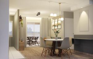 坎皮纳斯Apartamento 1604 no Bosque com um quarto sala cozinha completa e uma vaga de garagem的厨房以及带桌椅的用餐室。