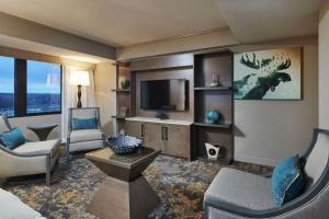 安克雷奇安克里奇希尔顿酒店的带沙发和电视的客厅