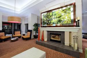 圣查尔斯圣查尔斯希尔顿花园旅馆的客厅设有壁炉和大电视。