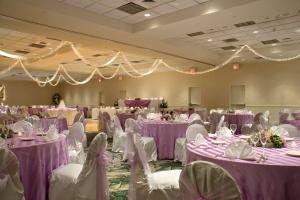 圣查尔斯圣查尔斯希尔顿花园旅馆的宴会厅配有紫色桌子和白色椅子